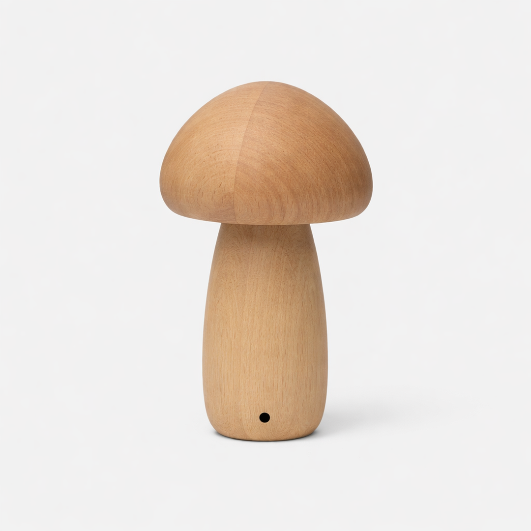 LED svampe bordlampe i træ – varmt lys med batteri