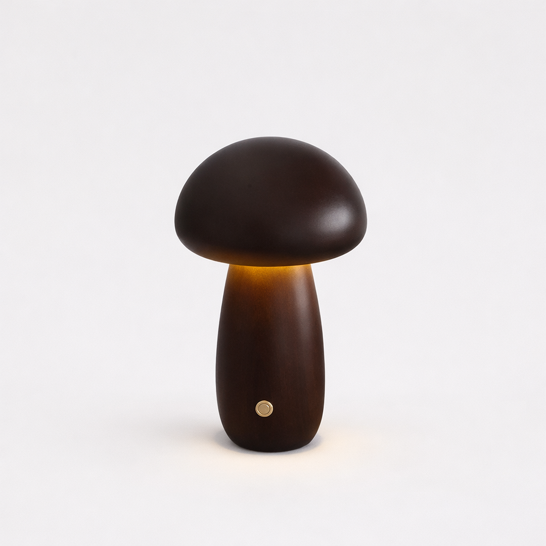 LED svampe bordlampe i træ – varmt lys med batteri