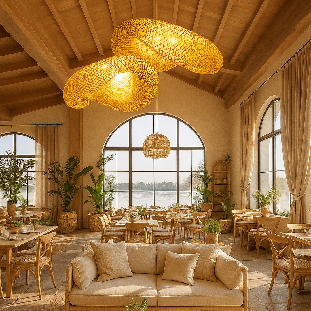 Rund Bambus Pendellampe I Skandinavisk Stil