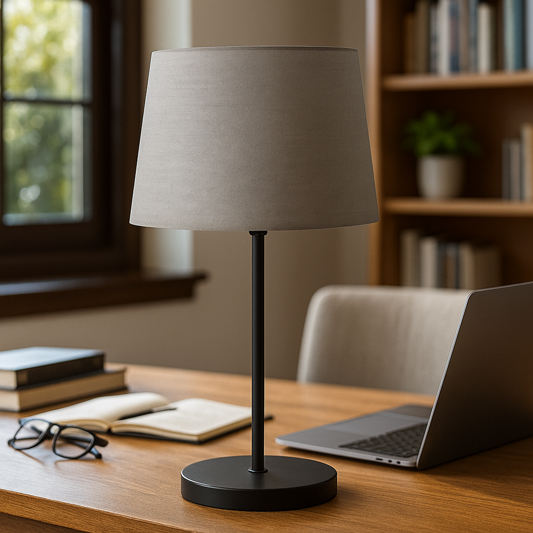 Zwarte tafellamp met stoffen kap